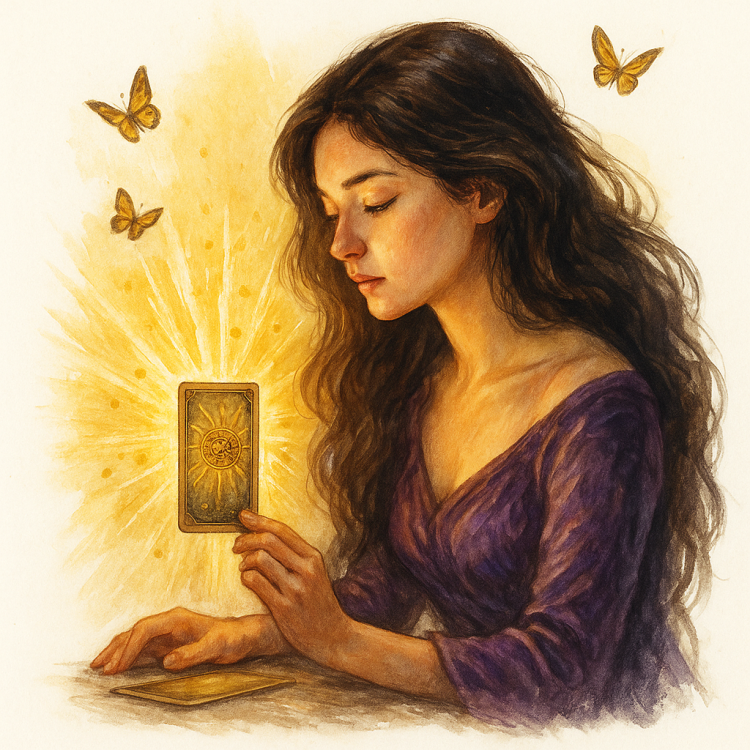 A mystical woman gazing intently at one tarot card placed on a table in front of her, card glowing with clarity, butterflies flying upward, fantasy art.
