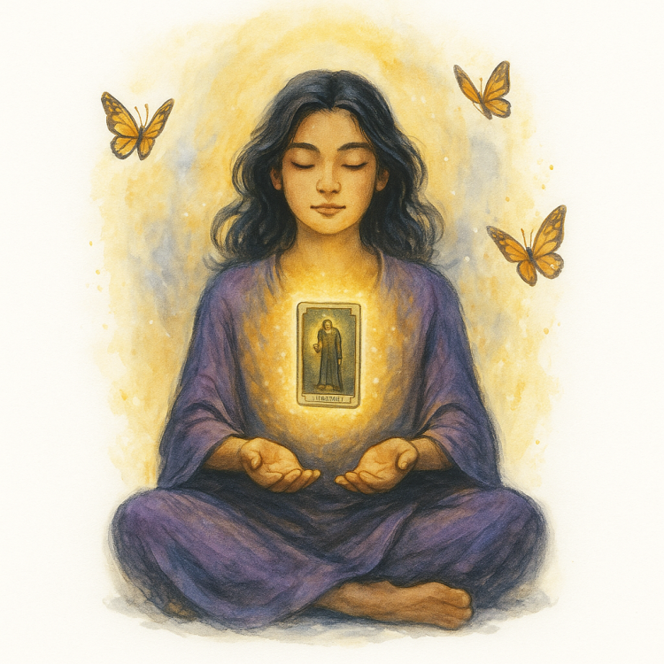 A meditating figure sitting cross-legged, one tarot card floating above open palms, surrounded by glowing aura and butterflies, dreamy painterly style.