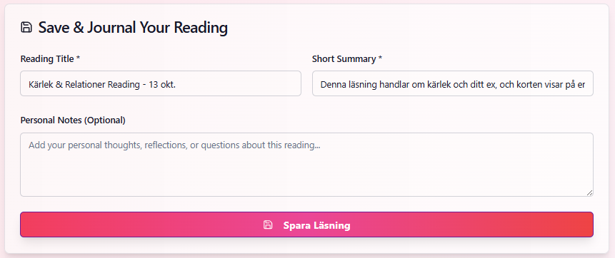 Möjlighet att spara tarotläggning och föra journal